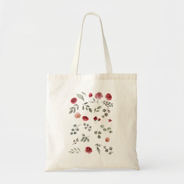 Tote Bag Watercolor Watercolor Roses Green Leaves Leaves (Devant)