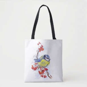 Tote Bag Watercolor winter titmouse bird illustration branc