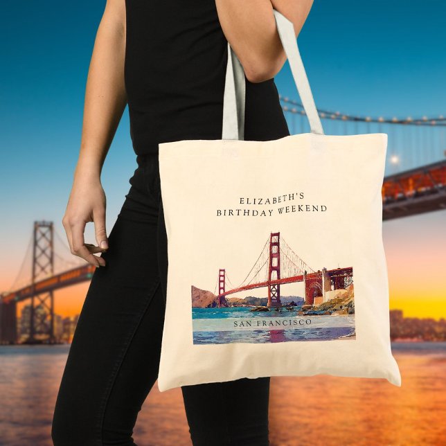 Tote Bag Week-end d'anniversaire aquarelle San Francisco (San Francisco Watercolor Birthday Weekend Tote Bag)