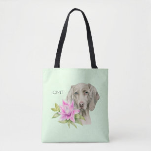 Tote Bag Weimaraner Dog and Lily Watercolor  Monogramme