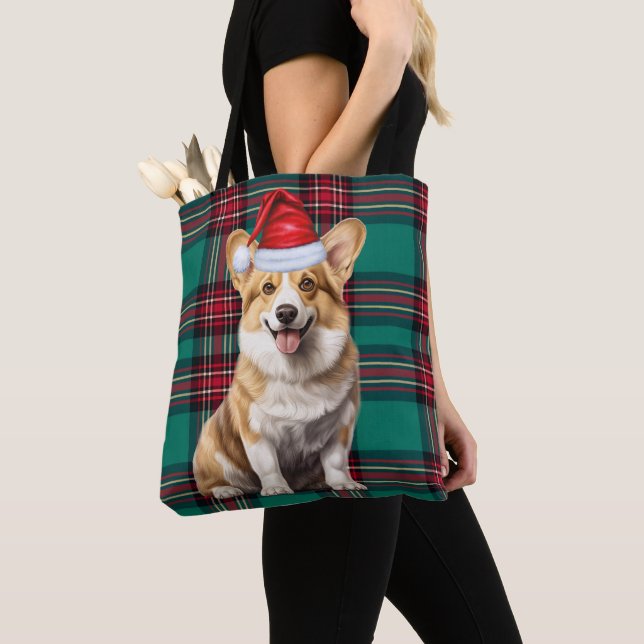 Tote Bag Welsh Corgi Christmas Dog Seasonal Green Plaid (De près)