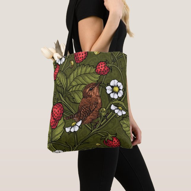 Tote Bag Wens et fraises sur vert foncé (De près)