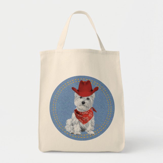 Tote Bag Westie Cowboy sur Denim (Devant)