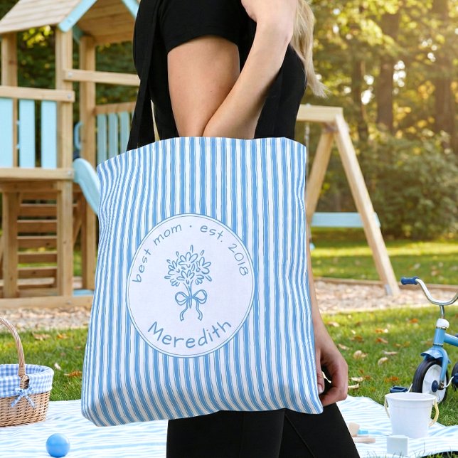 Tote Bag Whimsical Blue White Stripe Preppy Mom Established (Créateur téléchargé)
