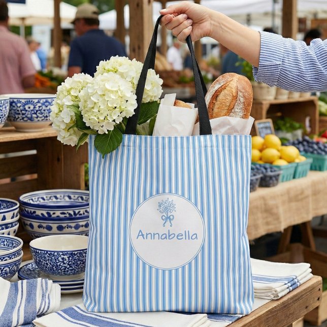 Tote Bag Whimsical Blue White Stripe Preppy Monogram (Créateur téléchargé)