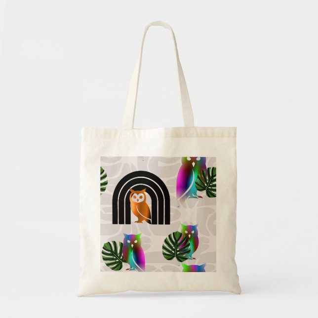 Tote Bag Whimsical Boho Owl & Tropical Monstera Leaf (Devant)