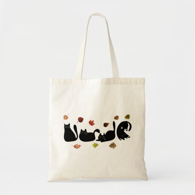 Tote Bag Whimsical Cat Line Art with Autumn Leaves (Devant)