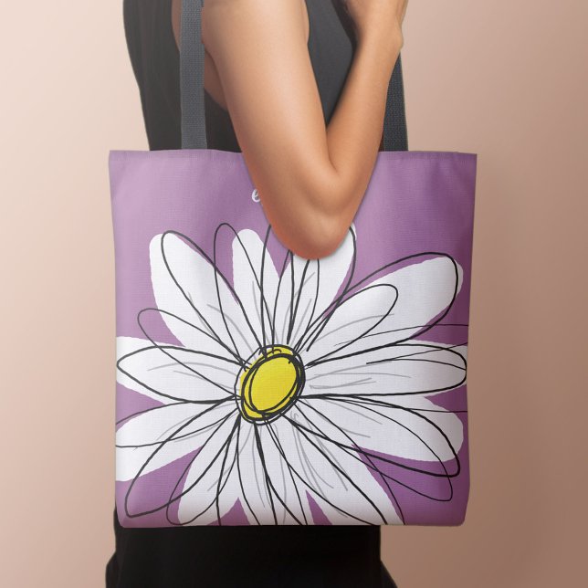 Tote Bag Whimsical Daisy - orchidée - nom de script tendanc (Personalized tote bag with daisy and text)