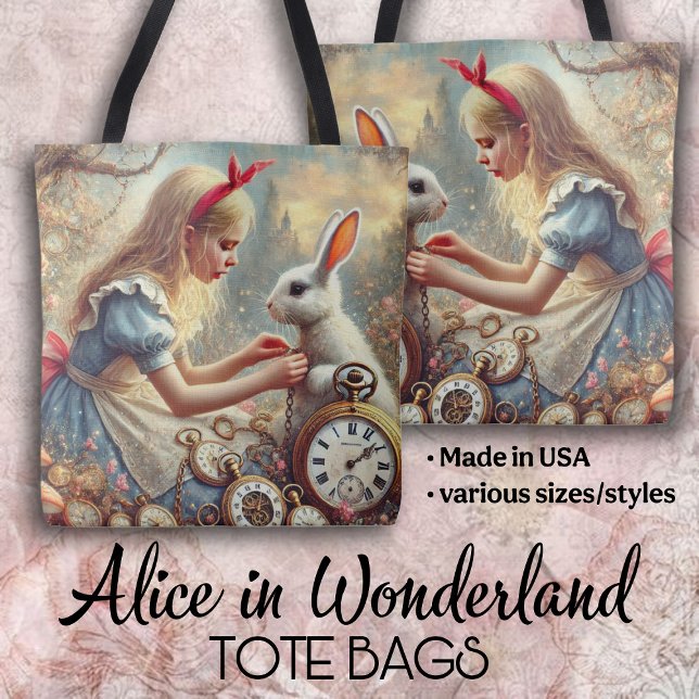 Tote Bag Whimsical Fairytale Art Alice and White Rabbit (Créateur téléchargé)