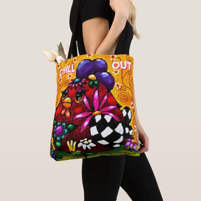 Tote Bag Whimsical Funky Chunky Floral Poulet coloré (De près)