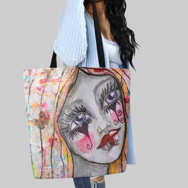 Tote Bag Whimsical Girl Colorful Mime mignonne Amour Coeur (Whimsical clown girl original mixed media modern folk art by Malissa Melrose)