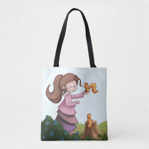 Tote Bag Whimsical Girl with Squirrel Woodland Forest