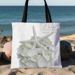 Tote Bag White Beach Wedding Starfish Hydrangea Bienvenue<br><div class="desc">Bienvenue à notre grand fourre-tout mariage. Grand sac fourre-tout avec étoile de mer blanche et design de fleurs d'hydrangée. Faisant partie de la ligne de design Jardin de mer, cette faveur de mariage utilisable contient deux places pour votre texte. Exemple de libellé est un court "bienvenue à notre mariage dans...</div>