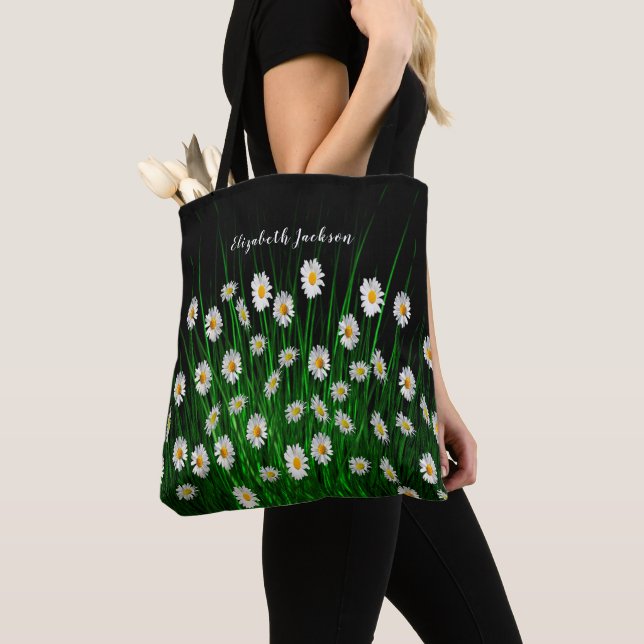 Tote Bag White daisies florals black name script (De près)