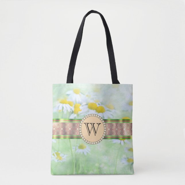 Tote Bag White Daisy's in Green Meadow Monogramme (Devant)