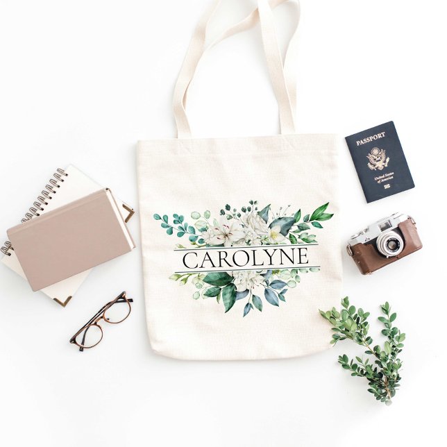 Tote Bag White Flowers and Greenery Bridesmaid Custom Name (Créateur téléchargé)