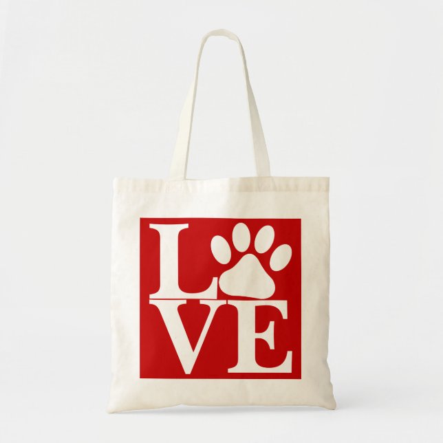 Tote Bag White LOVE Word Chien Paws Motif sur Red Arrière - (Devant)