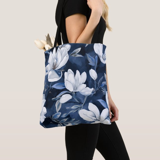 Tote Bag White Magnolia Motif sur l'arrière - plan de minui (De près)