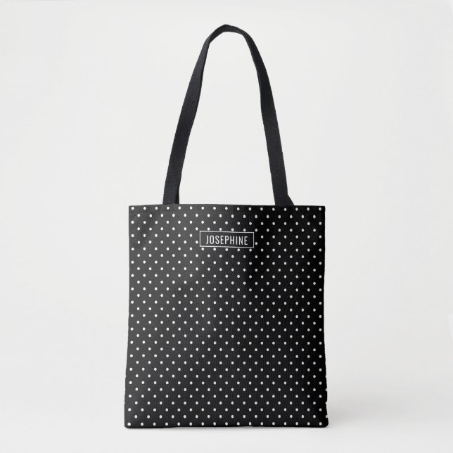 Tote Bag White On Black Polka Dots Pattern With Custom Name (Devant)