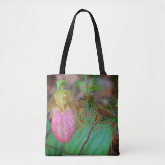Tote Bag Wild Pink Lady Slipper Orchid And Evergreens  