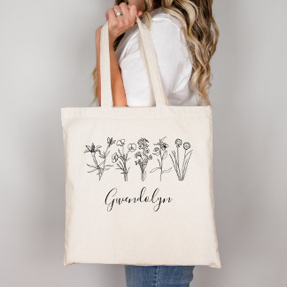 Tote Bag Wildflower Botanical Boho Floral Garden With Name