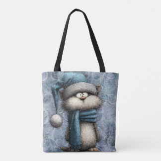 Tote Bag Winter Blue Christmas Cat With Hat And Scarf