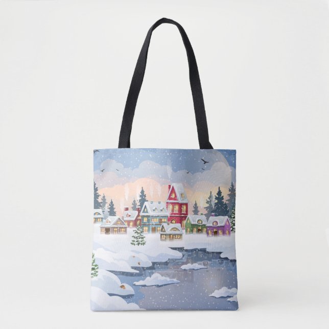 Tote Bag Winter Christmas landscape with snow-covered house (Devant)