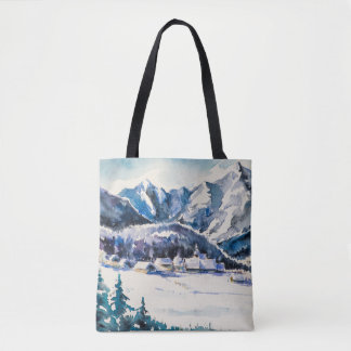 Tote Bag Winter landscape with mountain village covered wit