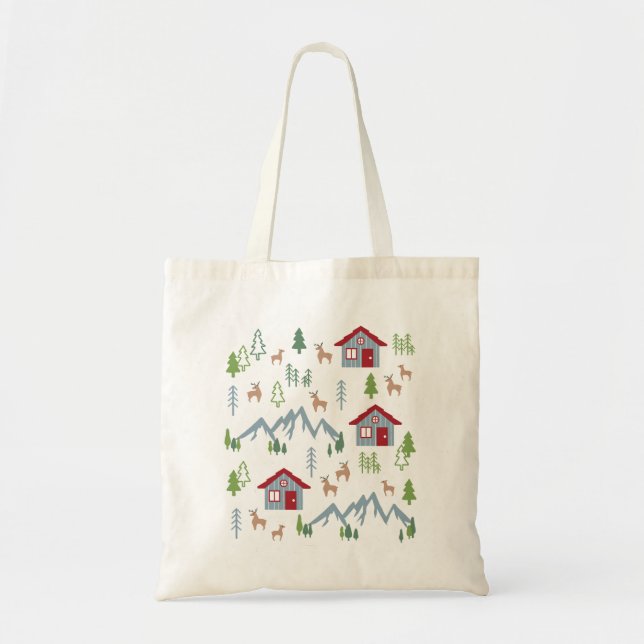Tote Bag Winter Night Deer Forest Cabin Pattern II (Devant)