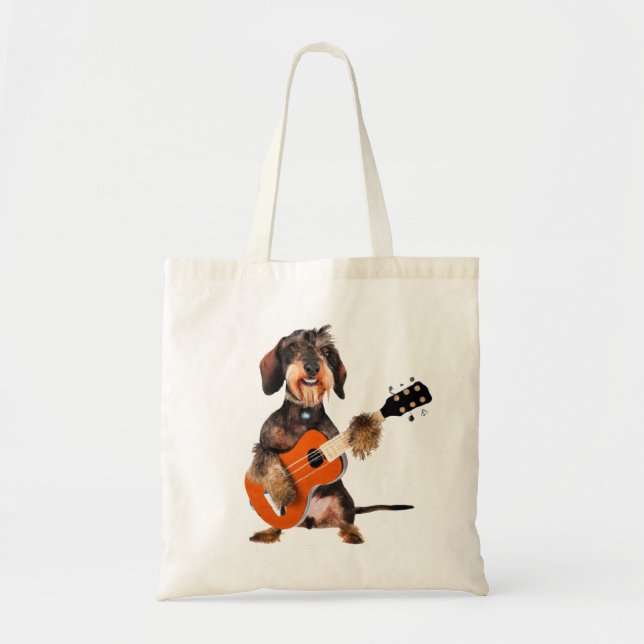 Tote Bag Wirehair Dachshund Jouer à la guitare acoustique (Devant)