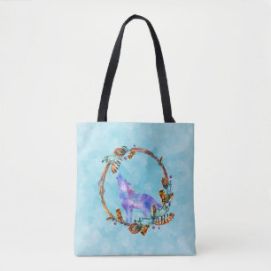 Tote Bag Wolf aquarelle debout dans une couronne de style b
