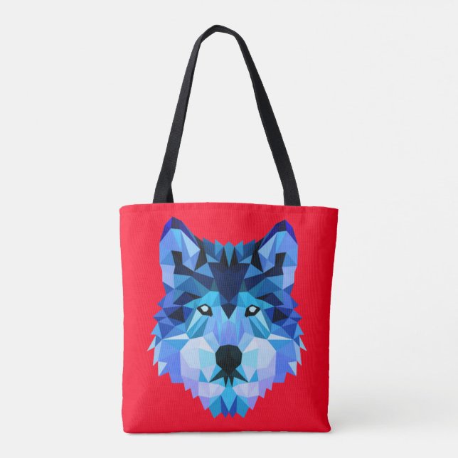 Tote Bag Wolf Head Blue Low Poly Art (Dos)