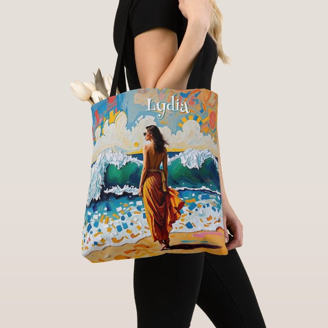 Tote Bag Woman on Beach Abstract Seaside Art Personalized (De près)