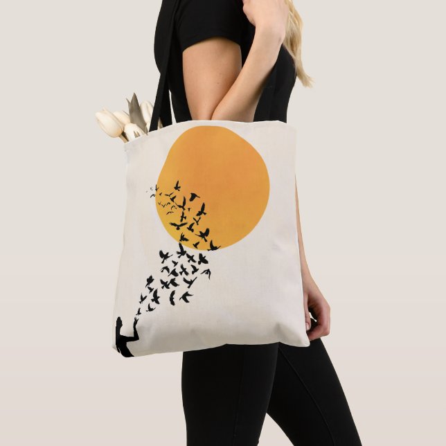 Tote Bag Women, Sun & Flying Birds Silhouette Minimalist (De près)