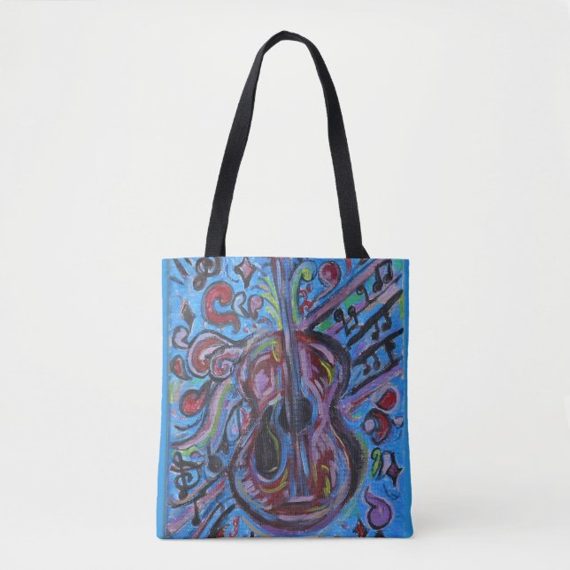 Tote Bag Wow Jazzy Blue Guitar Folk Art (Devant)