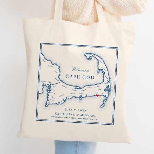 Tote Bag Wychmere Harwich Port MA Faveur de mariage Bienven (Custom Wedding Favor Tote Bag with Harwich Port MA Map for an elegant blue Wychmere Beach Club)