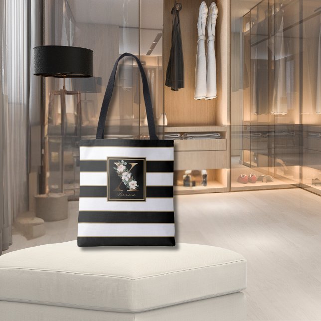 Tote Bag X Monogramme Floral Or | Rayures noires et or (Créateur téléchargé)