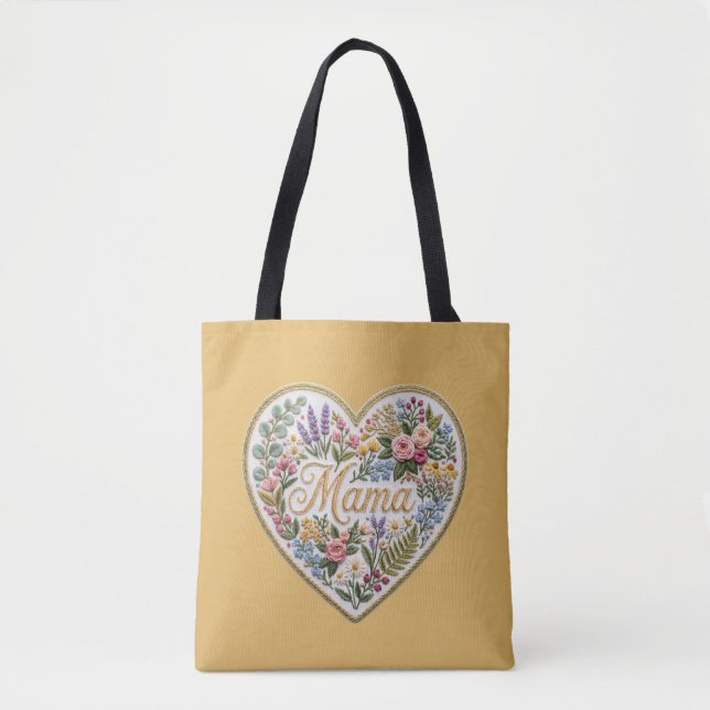 Tote Bag Yellow Floral Faux Embroidery Heart Mama (Devant)