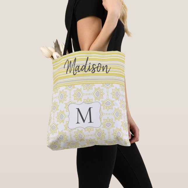 Tote Bag Yellow Grey Gris Gris Abee Tendance Monogramme ini (De près)