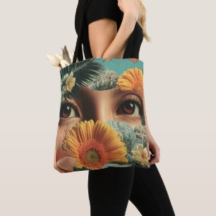 Tote Bag Yeux surréalistes et fleurs avec papillons