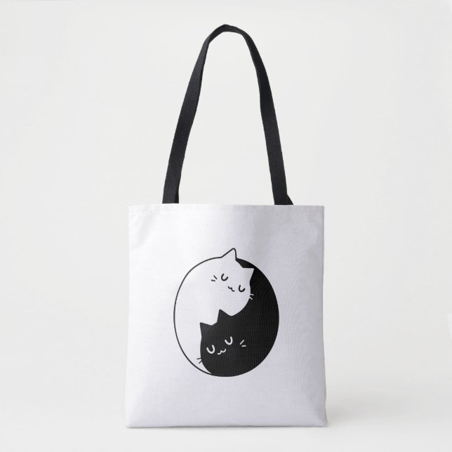 Tote Bag yin noir et blanc et le chat yang design d'amour (Devant)