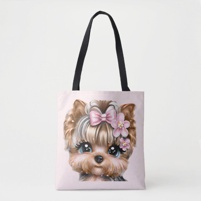 Tote Bag Yorkie mignonne avec une corse rose (Devant)
