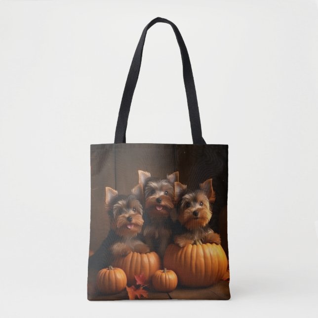 Tote Bag Yorkshire Terrier Chiot Automne Citrouille délice (Devant)