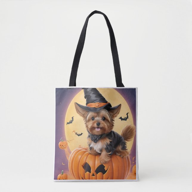 Tote Bag Yorkshire terrier citrouille d'Halloween (Devant)