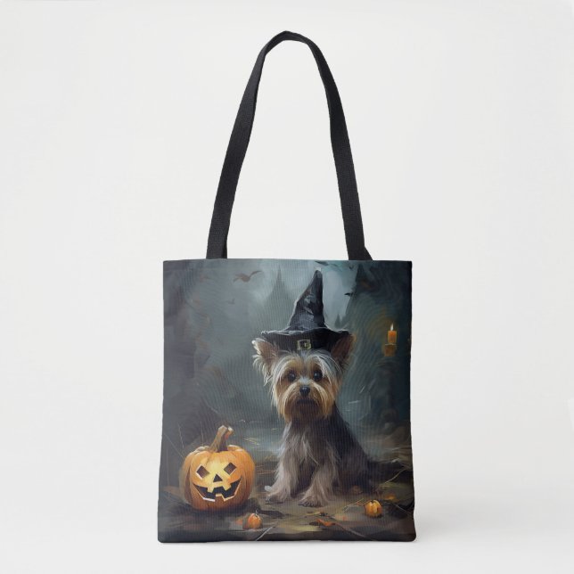 Tote Bag Yorkshire Terrier Citrouilles Halloween effrayant (Devant)