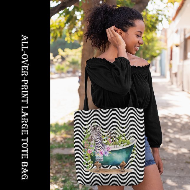 Tote Bag Zèbre dans Tub Blanc Noir Grandes Vagues Psychédél (Zebra in Tub Black White Wavy Stripes Psychedelic Tote Bag, large bag, all-over-print bag, shopping)