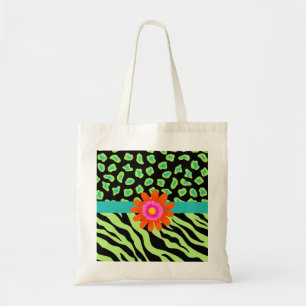 Tote Bag Zèbre vert, noir et Turquoise & Fleur orange Cheet