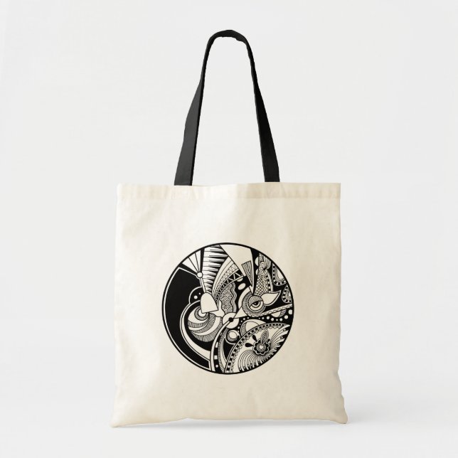 Tote Bag Zendala abstrait noir et blanc sur le cercle (Devant)