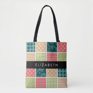 Tote Bag Zigzag, Chevron, En vichy, Pois, Votre Nom