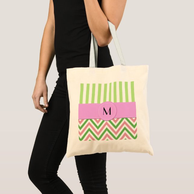 Tote Bag Zigzag, Chevron, Grilles, Rose, Vert, Monogramme (Devant (produit))